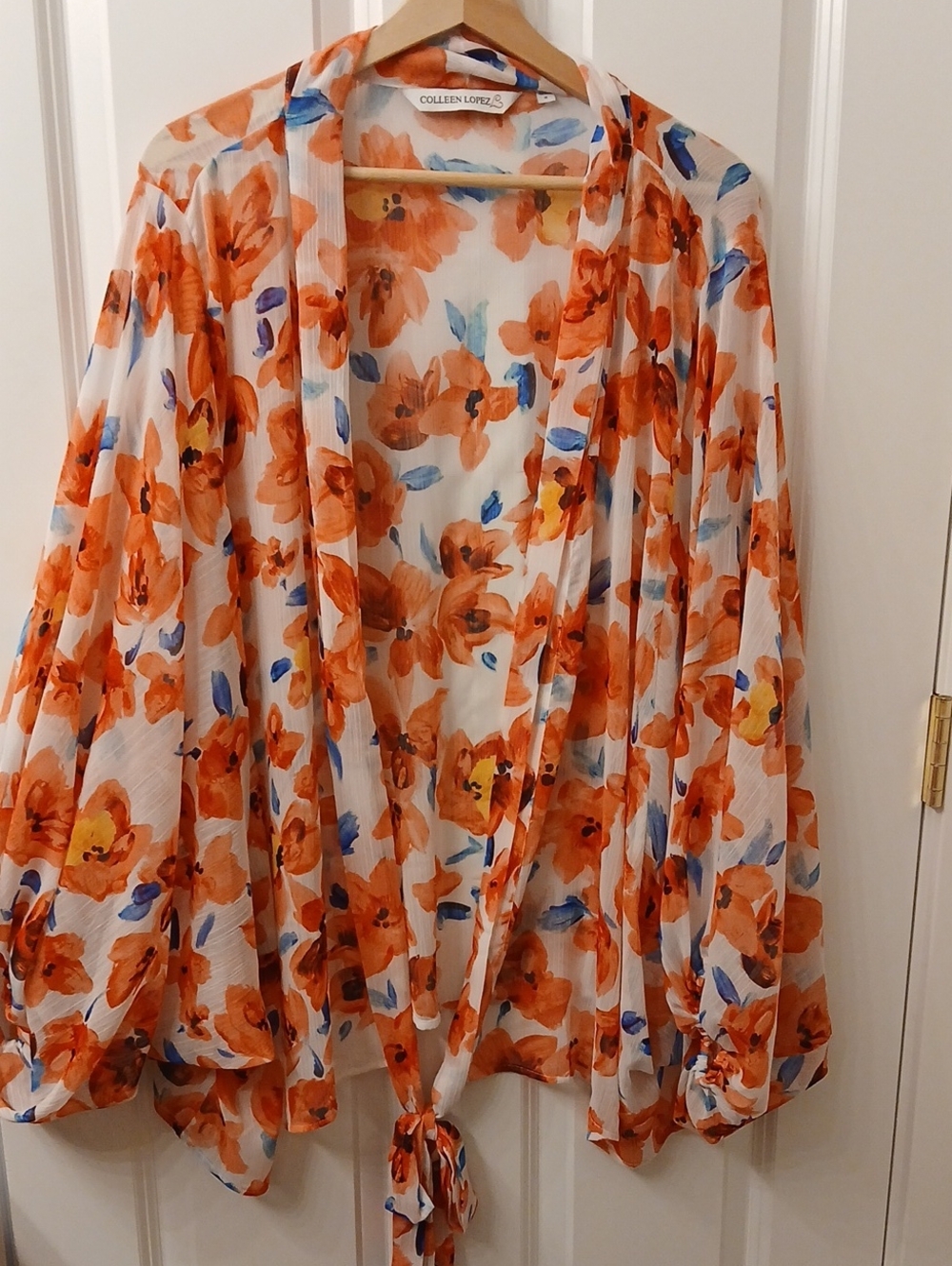 Colleen Lopez Orange & Blue Floral Sheer Tie-Front Kimono